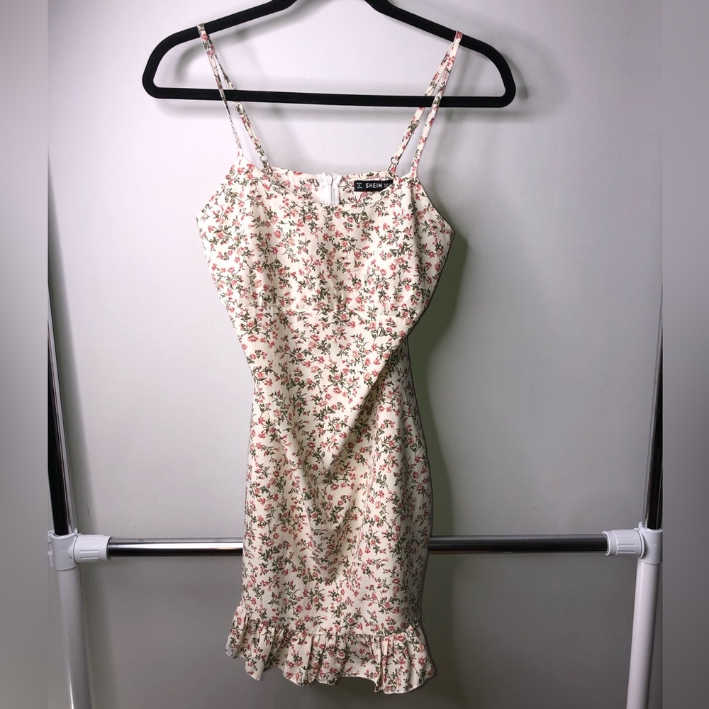 SHEIN Cream Pink Floral Mini Slip XS Dress